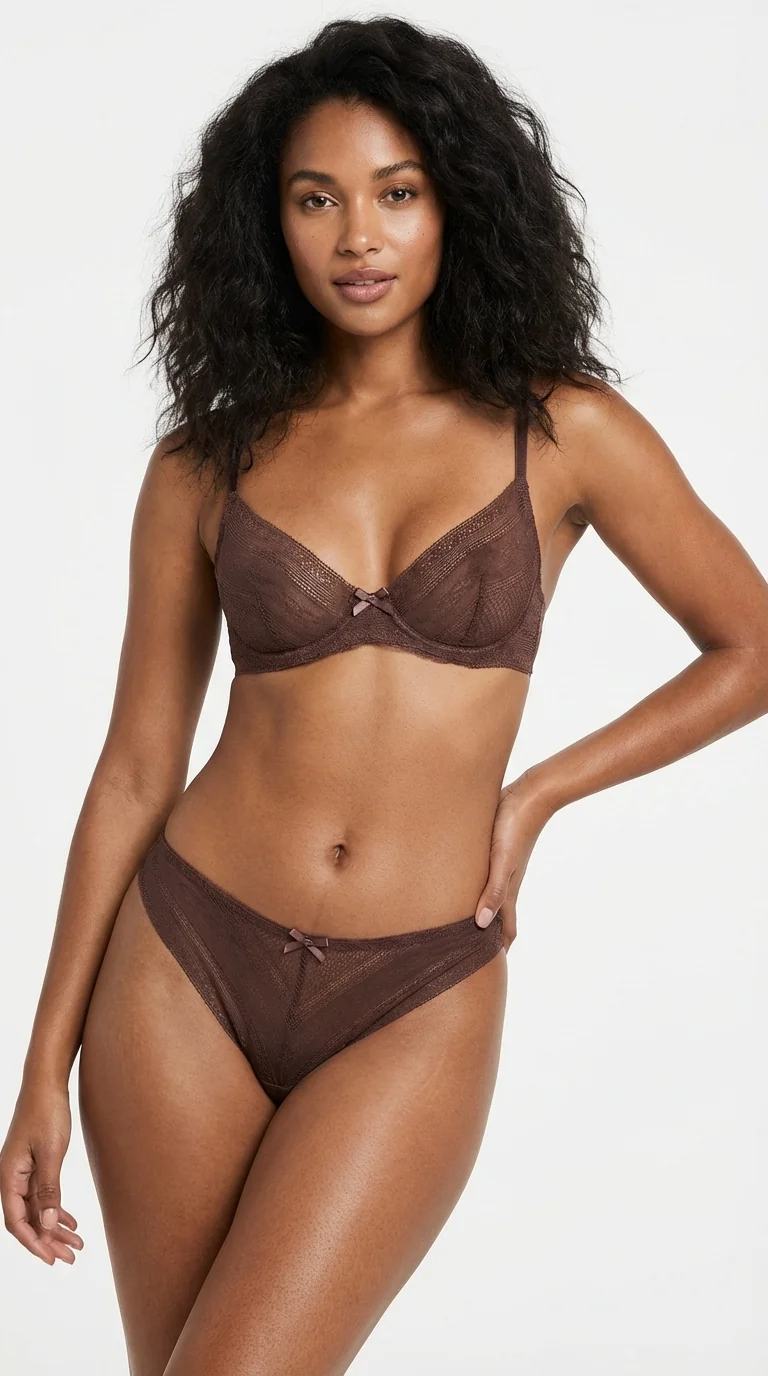 Kadın Sexy Tanga Komple Tül Şeffaf Külot Fiyonklu Detay Mocha - Ön Görünüm - LunaIntim